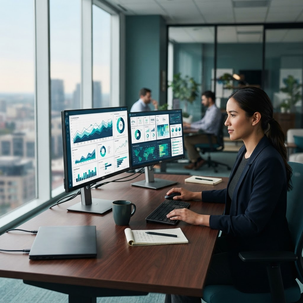 Analisten bekijken financiële dashboards en spend-analyses